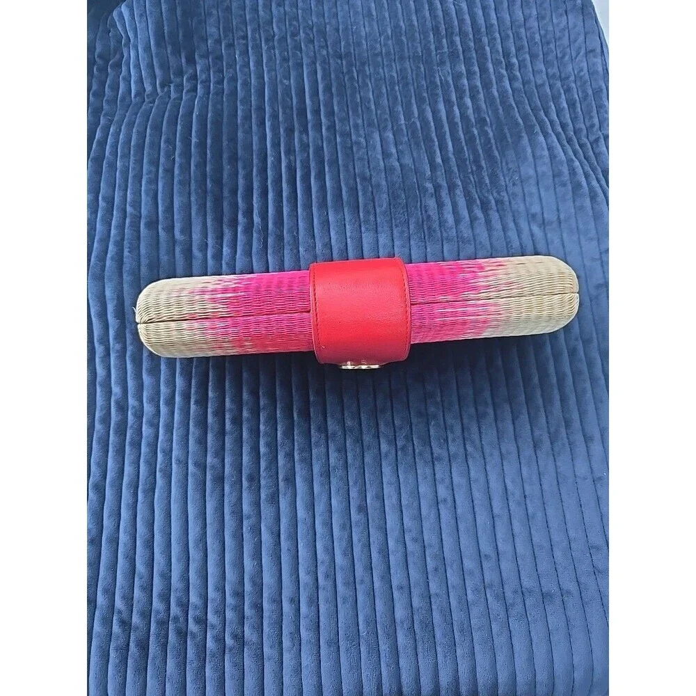 TORY  BURCH  Straw Clutch Tan/pink/red